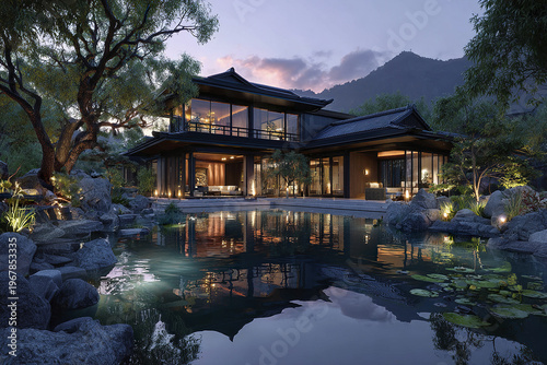 Modern Japanese house with large glass windows and traditional roof design reflecting on serene pond surrounded by rocks and trees at dusk, creating peaceful atmosphere
