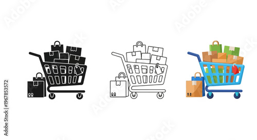 Collection of shopping cart icons featuring various packages boxes and bags in black silhouette outline and full color graphic styles illustrating consumerism and retail activity