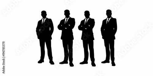 Four silhouetted businessmen standing in a row arms crossed