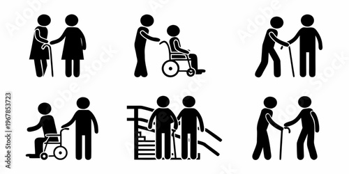 Stick figure icons depicting people with disabilities and assistance