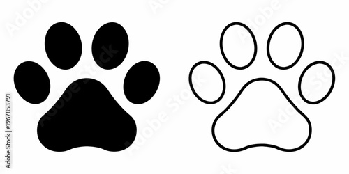Two contrasting dog paw prints filled and outlined depictions