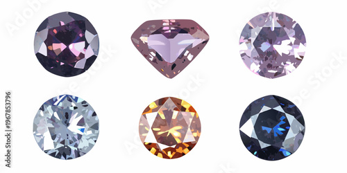 Six faceted gemstones in varying colors and cuts displayed on a white background