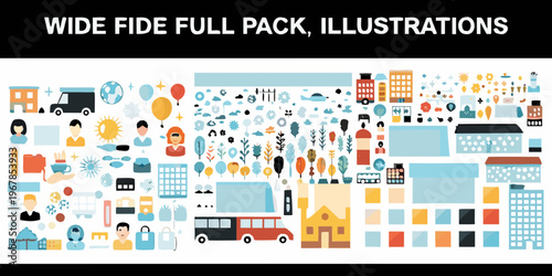 Colorful illustrations depicting city life and various objects