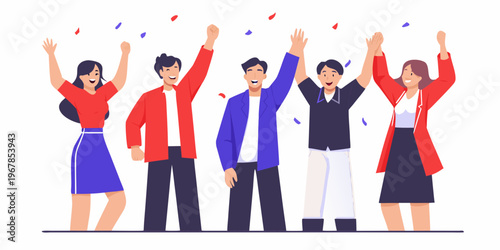 Diverse group of people celebrating with arms raised in joy