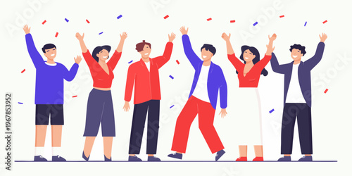 A group of people celebrating with raised arms and falling confetti