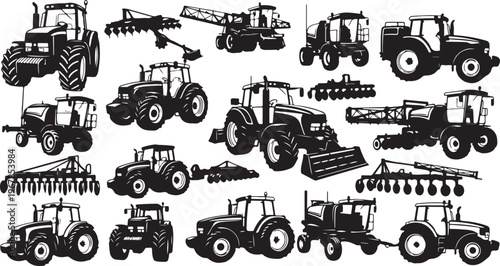 Collection of various tractors and farming equipment illustrations