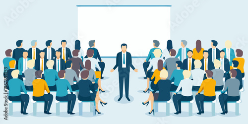 A business professional presents to a large audience in a conference setting