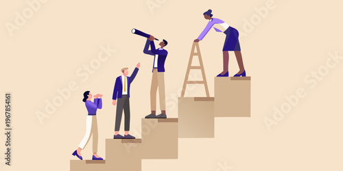 Teamwork and ambition people ascending steps towards a shared future vision