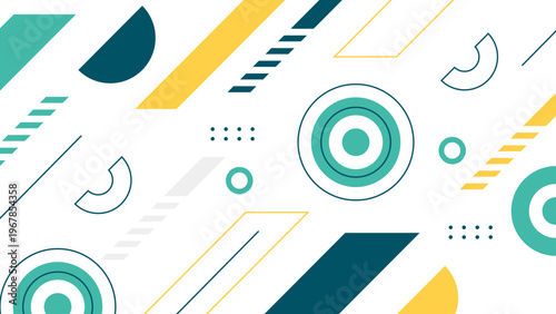 Creative Memphis style abstract background with teal and yellow geometric shapes and playful patterns on a white base