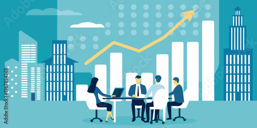 Business team meeting with upward trending chart in a modern office