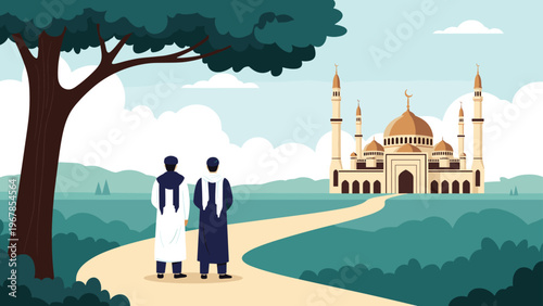 Two men in traditional attire walk along a path through a green landscape towards a magnificent white mosque with several golden domes.