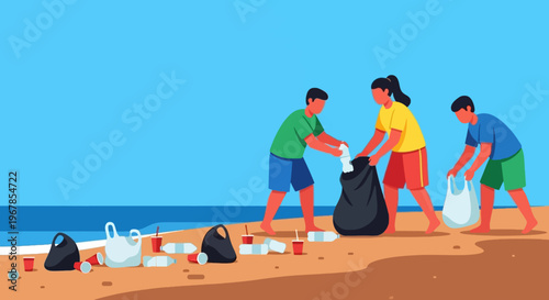 People cleaning plastic waste on beach flat vector illustration ocean pollution cleanup and environmental volunteer concept
