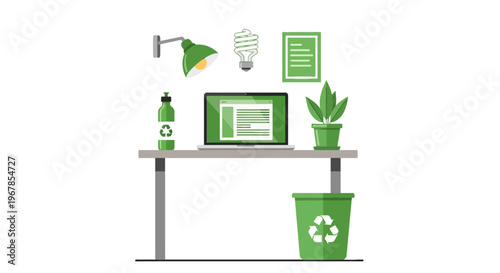 Eco friendly workspace with laptop recycling bin plant and energy saving lamp flat vector illustration