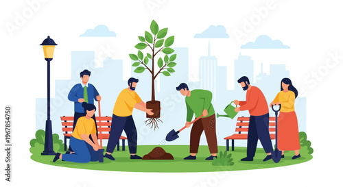 Community tree planting in city park flat vector illustration environmental volunteer teamwork and green urban care concept