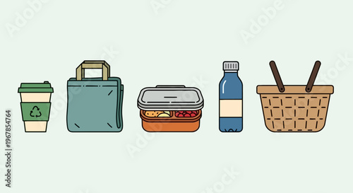 Zero waste reusable daily essentials set with coffee cup tote bag lunch box bottle and basket flat vector illustration