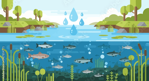 Freshwater ecosystem with river landscape fish aquatic plants and water cycle flat vector illustration