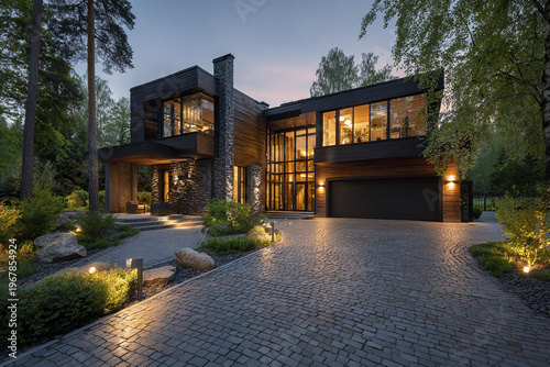Modern house exterior with large windows and stone chimney surrounded by trees and illuminated driveway at dusk creating warm inviting atmosphere in natural setting