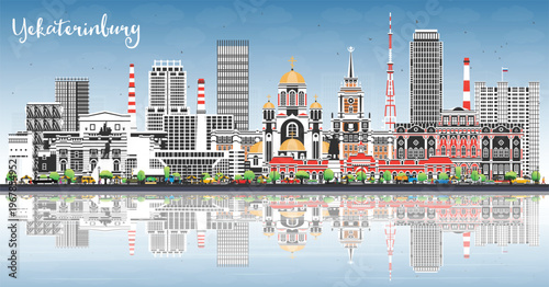 Yekaterinburg Russia city skyline with color buildings, blue sky and reflections. Yekaterinburg cityscape with landmarks. Business travel and tourism concept. Modern and historic architecture.