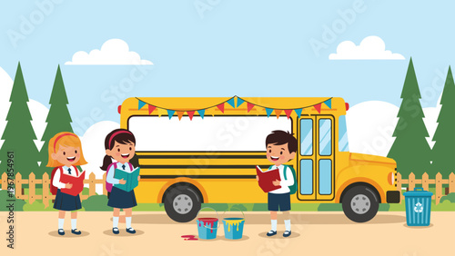 Group of school kids read books and paint near a yellow school bus with a blank banner in a green park environment with tall pine trees.