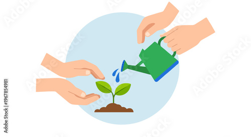 Hands protecting and watering young plant flat vector illustration growth care and environmental sustainability concept