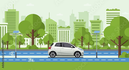 Electric car driving in green smart city with solar street lights and urban sustainability flat vector illustration