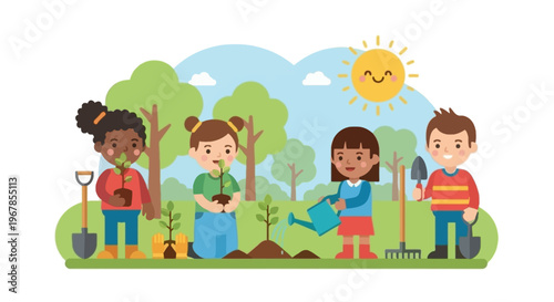 Children planting trees and watering seedlings in park flat vector illustration environmental care and gardening concept