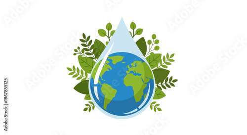 Water drop with globe and green leaves flat vector illustration environmental protection and water conservation concept