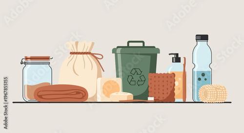 Zero waste essentials set with reusable containers soap bamboo toothbrush and eco friendly household products flat vector illustration