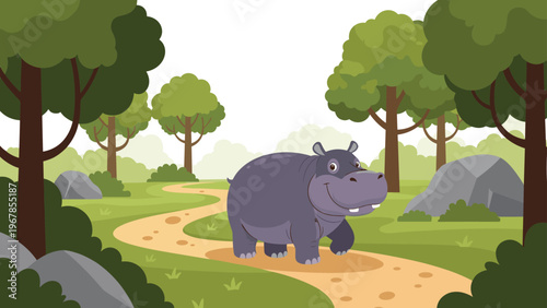 Large purple hippo walks along a winding dirt path through a lush green forest with rocks, bushes, and tall trees in a bright daylight scene.