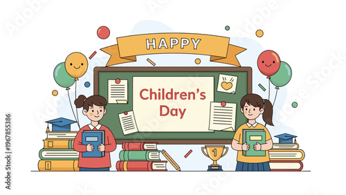 Two happy school kids stand next to a blackboard to celebrate Happy Children Day with books, balloons, and academic trophies in a park.
