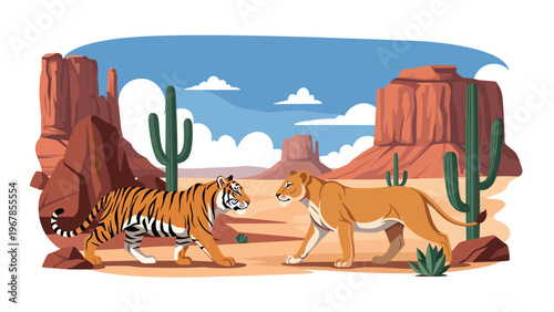 Magnificent tiger and lioness walking across a dry desert landscape, filled with tall saguaro cacti and large rock formations.