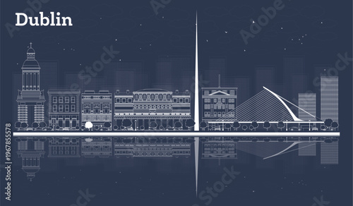Canvas Print Outline Dublin Ireland City Skyline with White Buildings and reflections