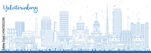 Outline Yekaterinburg Russia city skyline with blue buildings. Illustration. Yekaterinburg cityscape with landmarks. Business travel and tourism concept. Modern and historic architecture.