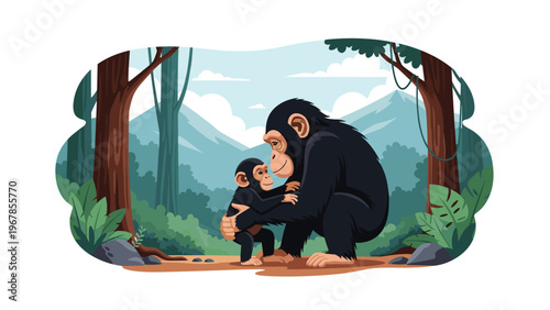 Tender moment between a mother chimpanzee and her baby sharing a hug, in a lush tropical jungle with mountains in view.