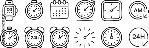 Minimalist time icons set featuring watch stopwatch alarm and calendar symbols isolated on white