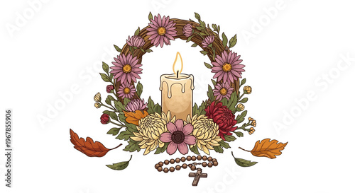 Remembrance Wreath with Candle, Rosary, and Autumn Leaves