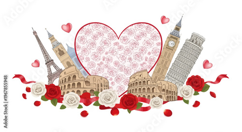 Romantic Travel Collage: Iconic Landmarks, Roses, and Hearts