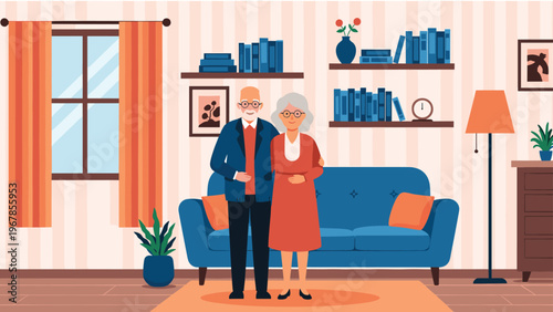 Happy senior couple standing together in their comfortable living room, with bookshelves, plants, and a blue sofa behind.
