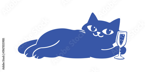 Lazy Cat Drinking Wine Illustration