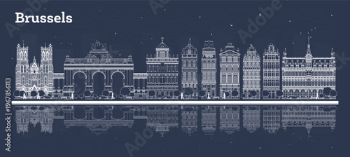 Outline Brussels Belgium City Skyline with White Buildings and reflections. Illustration. Business Travel and Concept with Historic Architecture. Brussels Cityscape with Landmarks.
