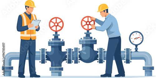 Industrial workers inspecting pipeline valves and pressure gauge flat design vector illustration for engineering use
