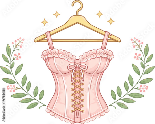 Elegant lace corset on hanger with floral decoration flat vector illustration for fashion design