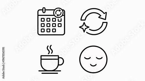 Daily Routine and Self-Care Icons A Collection of Calendar, Refresh, Coffee Cup, and Relaxed Face Symbols for Productivity and Well-being