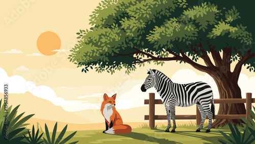 Red fox sits near a zebra in a peaceful park setting with a large green tree and a warm sunset glowing in the soft sky.