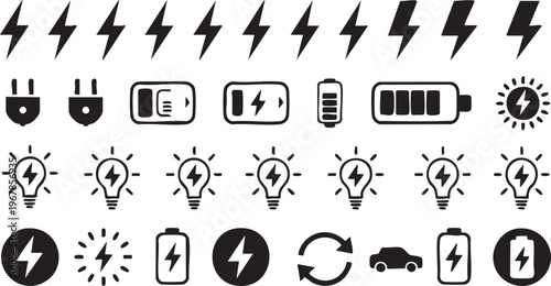 Battery and electricity vector icons collection for renewable energy and mobile charging applications