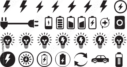 Electricity and battery symbol set for UI design, apps and digital technology interfaces