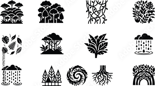 Minimalist abstract rainforest canopy layer icons on one sheet solid black geometric tree tops vines hidden animals floating leaves raindrops spiral canopy arches vector.