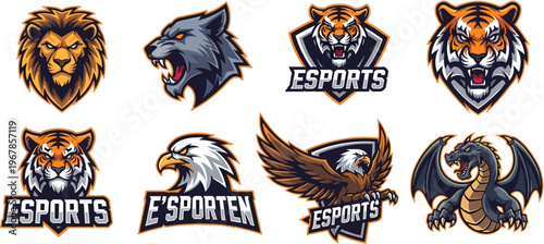 Fantasy RPG Gaming Logo Collection Featuring Knight Helmets, Swords, Shields, Dragons and Mythical Emblems Esports Team Vector Illustration Set
