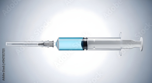 A syringe with a blue liquid on a white background