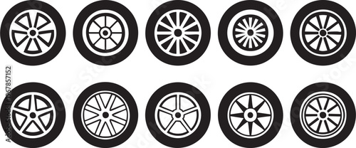 Vehicle wheel icon pack with detailed rim designs for automotive industry visuals